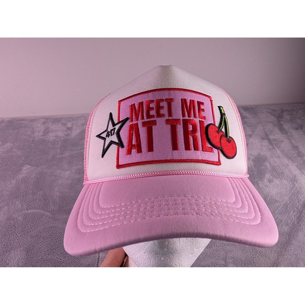 Hawley Meet Me At TRL Trucker Hat Pink White Mesh Snapback Cap Cherry Star Patch